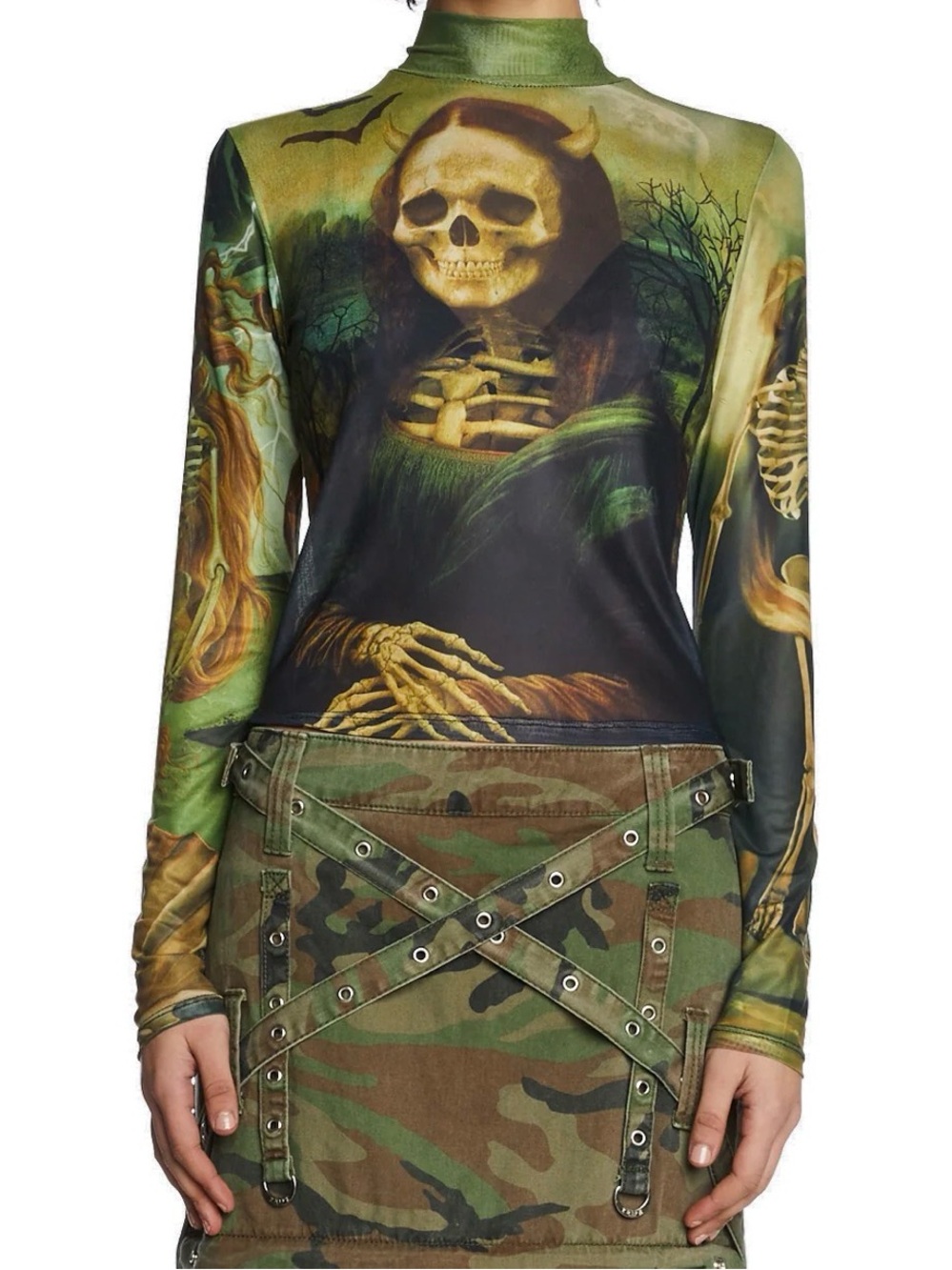 Green Gothic Mona Lisa Skull Printed Long-Sleeve Top